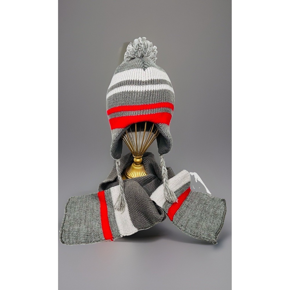 Capelli NY Knit Hat Scarf Set Gray Red White Kids Men Women M/L Fleece Lined